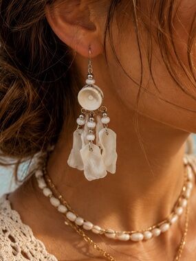 Handmade Coastal Shell & Fish Bone Dangle Earrings Boho Beachy Artisan Jewelry